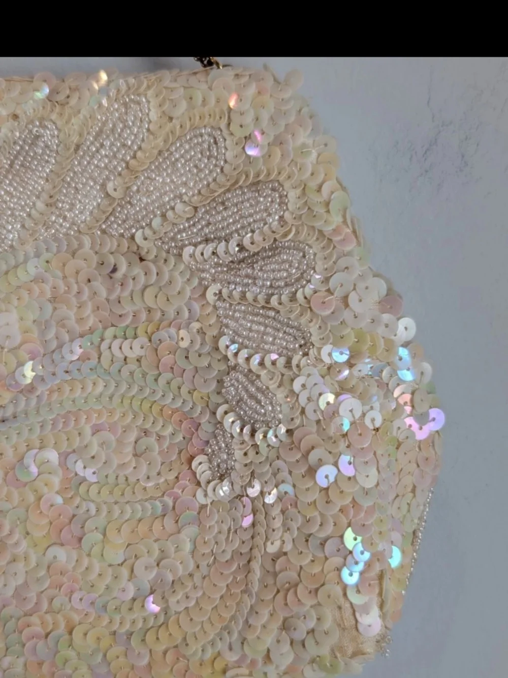 VTG 60s Josef Beaded Sequin Clutch Purse Cream Iridescent Hand Beaded In France